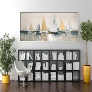 Golden Sailboats by Isabella Rossi, gold and silver sailboat seascape, horizontal wall art above modern living room decor.