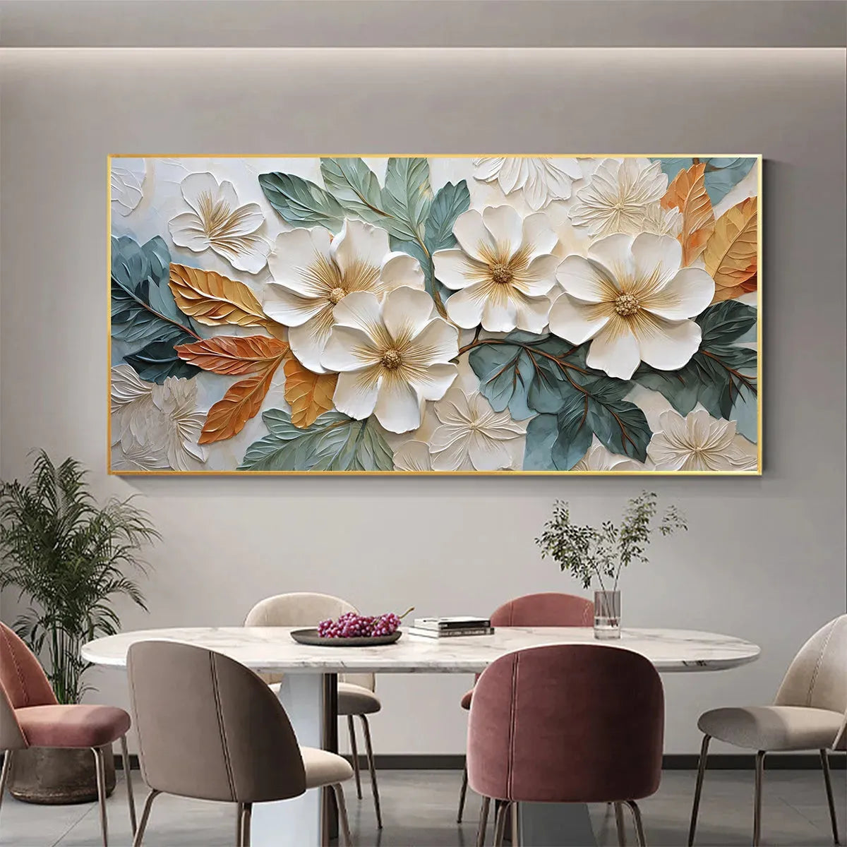 WHITE MAGNOLIAS: Horizontal Textured Floral Painting, White and Gold Magnolias, Modern Wall Art, Living Room, Bedroom