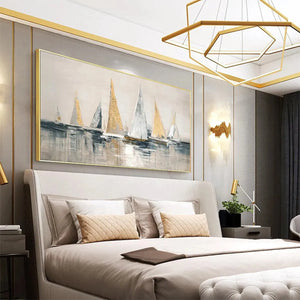 Golden Sailboats painting, Isabella Rossi, gold and silver sailboats on a textured seascape, horizontal wall art.