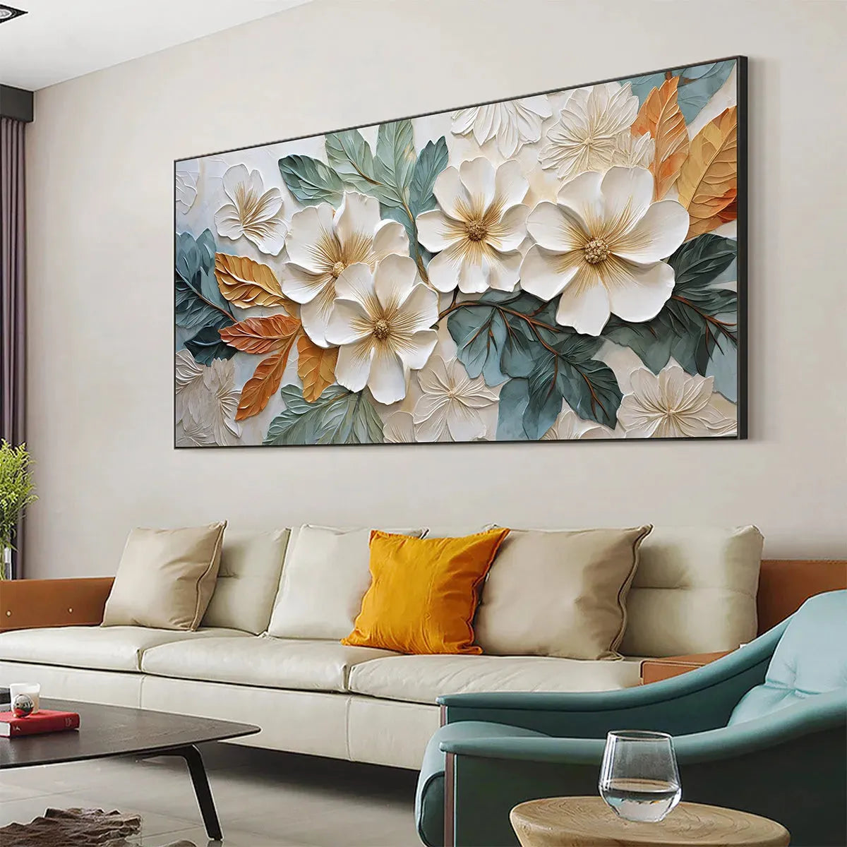 WHITE MAGNOLIAS: Horizontal Textured Floral Painting, White and Gold Magnolias, Modern Wall Art, Living Room, Bedroom