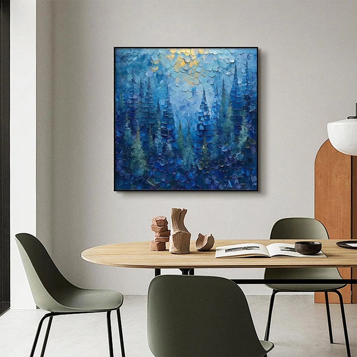 BLUE FOREST: Textured Forest Painting, Blue Landscape Wall Art, Square Canvas, Impasto Decor