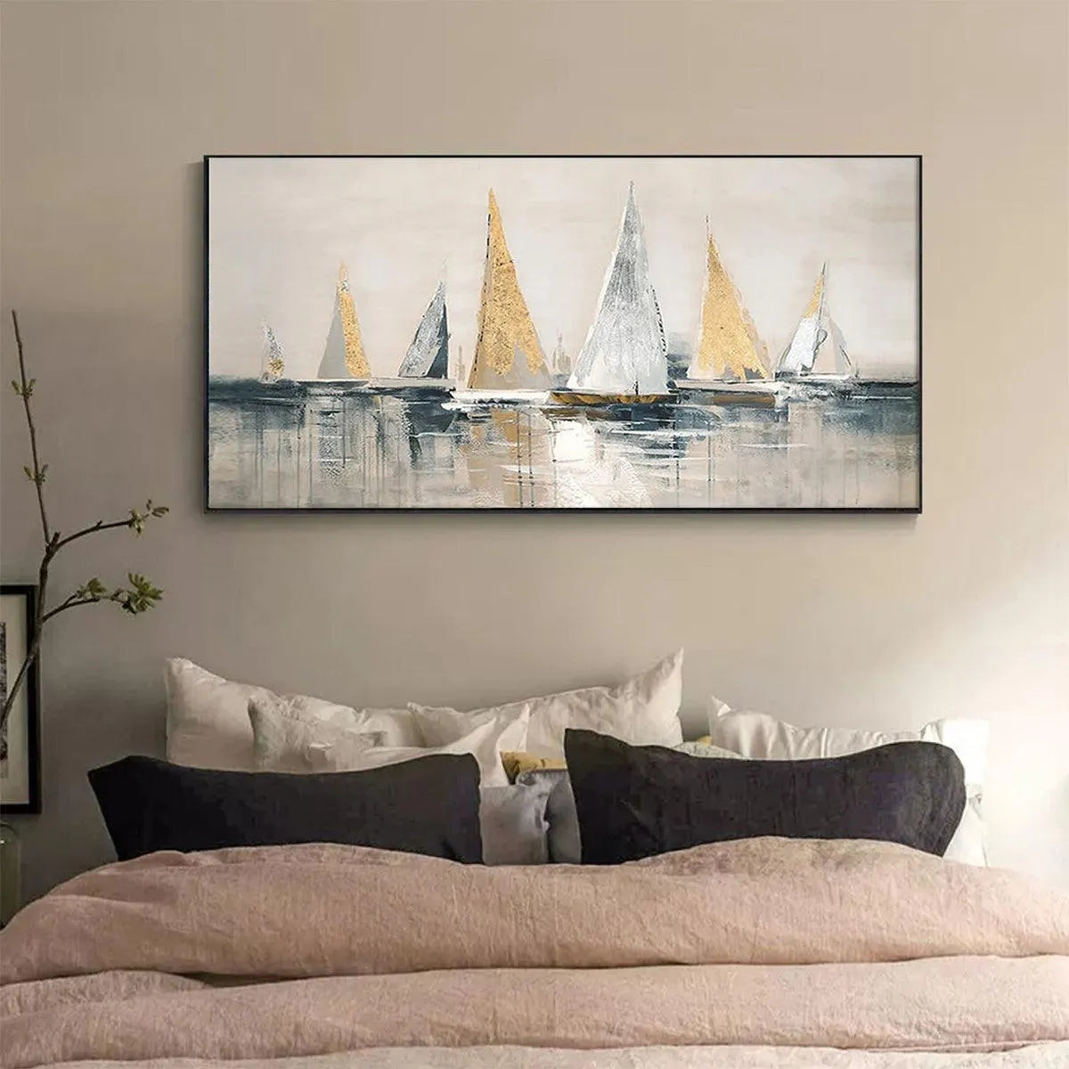 GOLDEN SAILBOATS: Textured Seascape Painting, Horizontal Wall Art