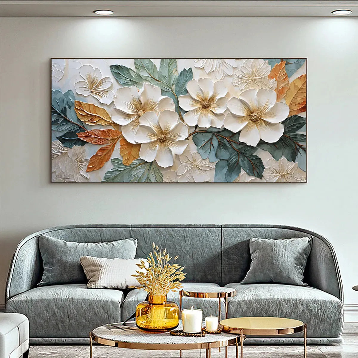 WHITE MAGNOLIAS: Horizontal Textured Floral Painting, White and Gold Magnolias, Modern Wall Art, Living Room, Bedroom