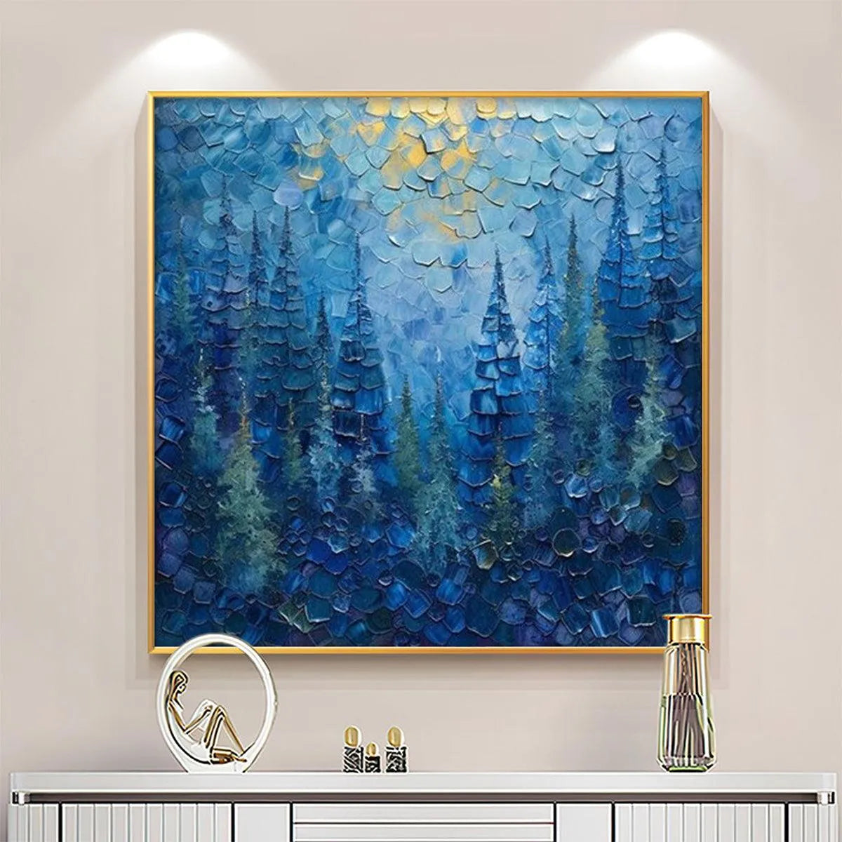 BLUE FOREST: Textured Forest Painting, Blue Landscape Wall Art, Square Canvas, Impasto Decor