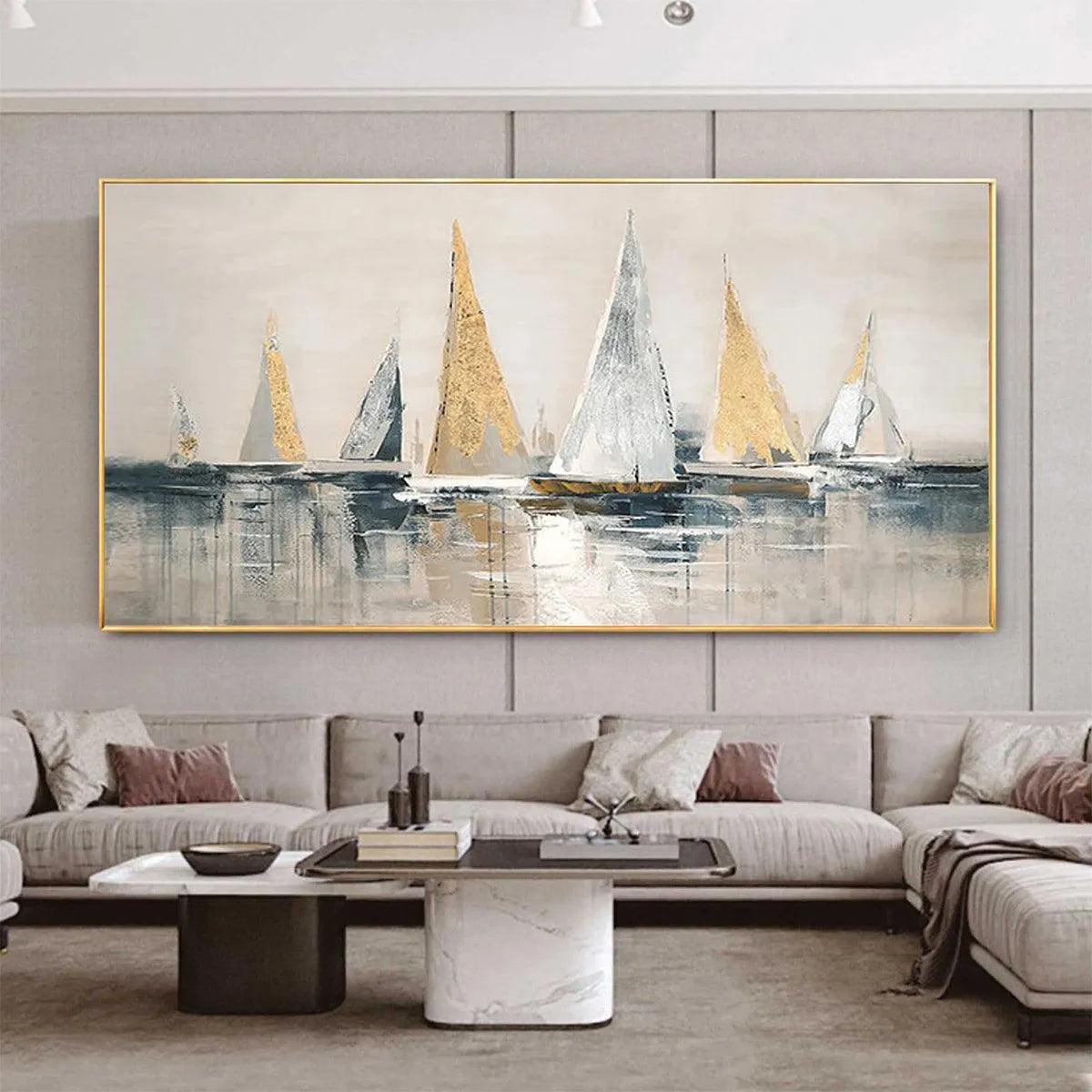 GOLDEN SAILBOATS: Textured Seascape Painting, Horizontal Wall Art