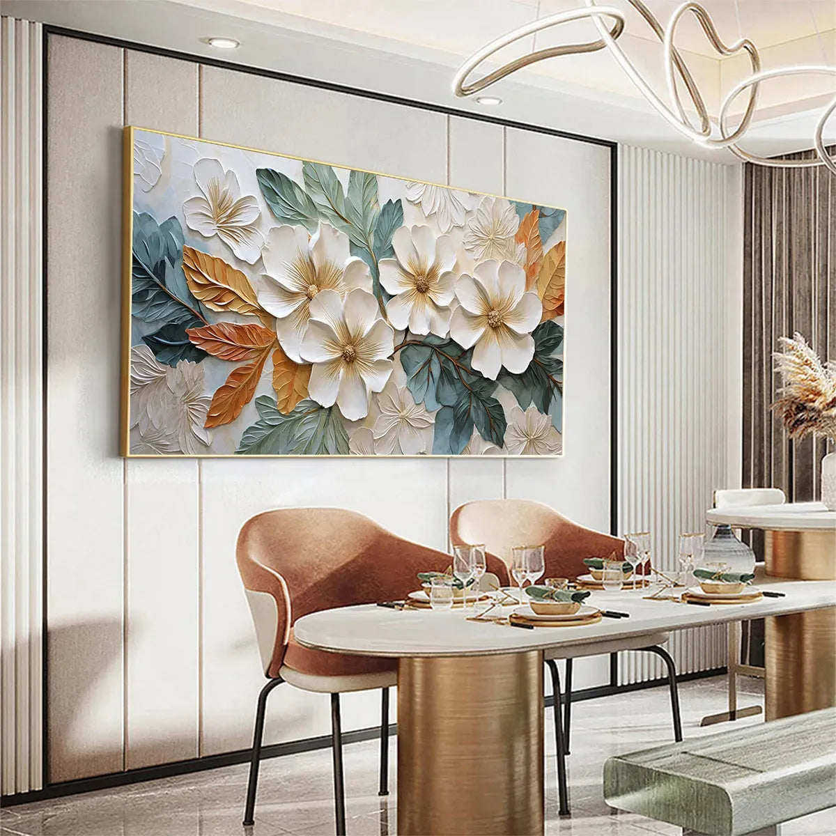 WHITE MAGNOLIAS: Horizontal Textured Floral Painting, White and Gold Magnolias, Modern Wall Art, Living Room, Bedroom