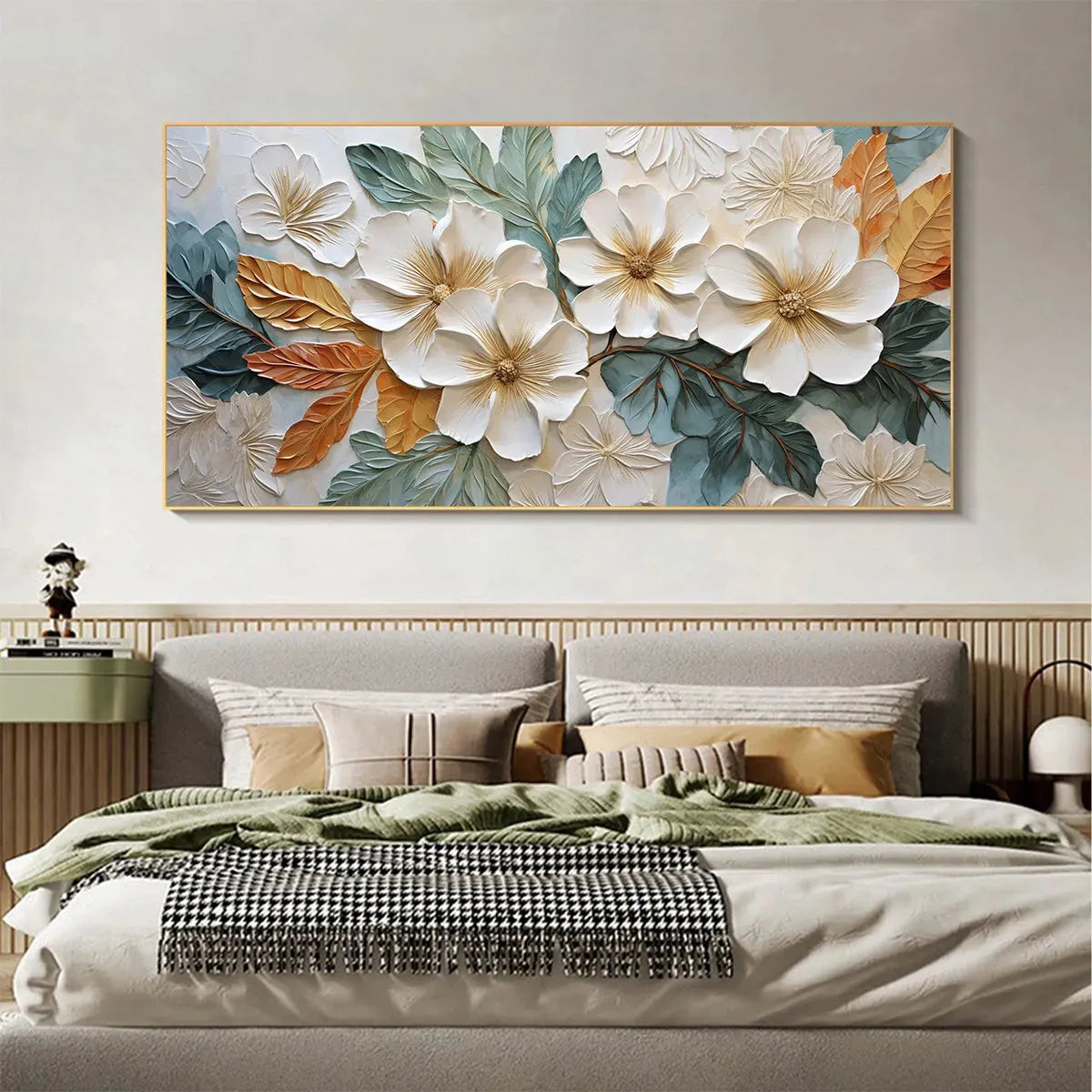 WHITE MAGNOLIAS: Horizontal Textured Floral Painting, White and Gold Magnolias, Modern Wall Art, Living Room, Bedroom