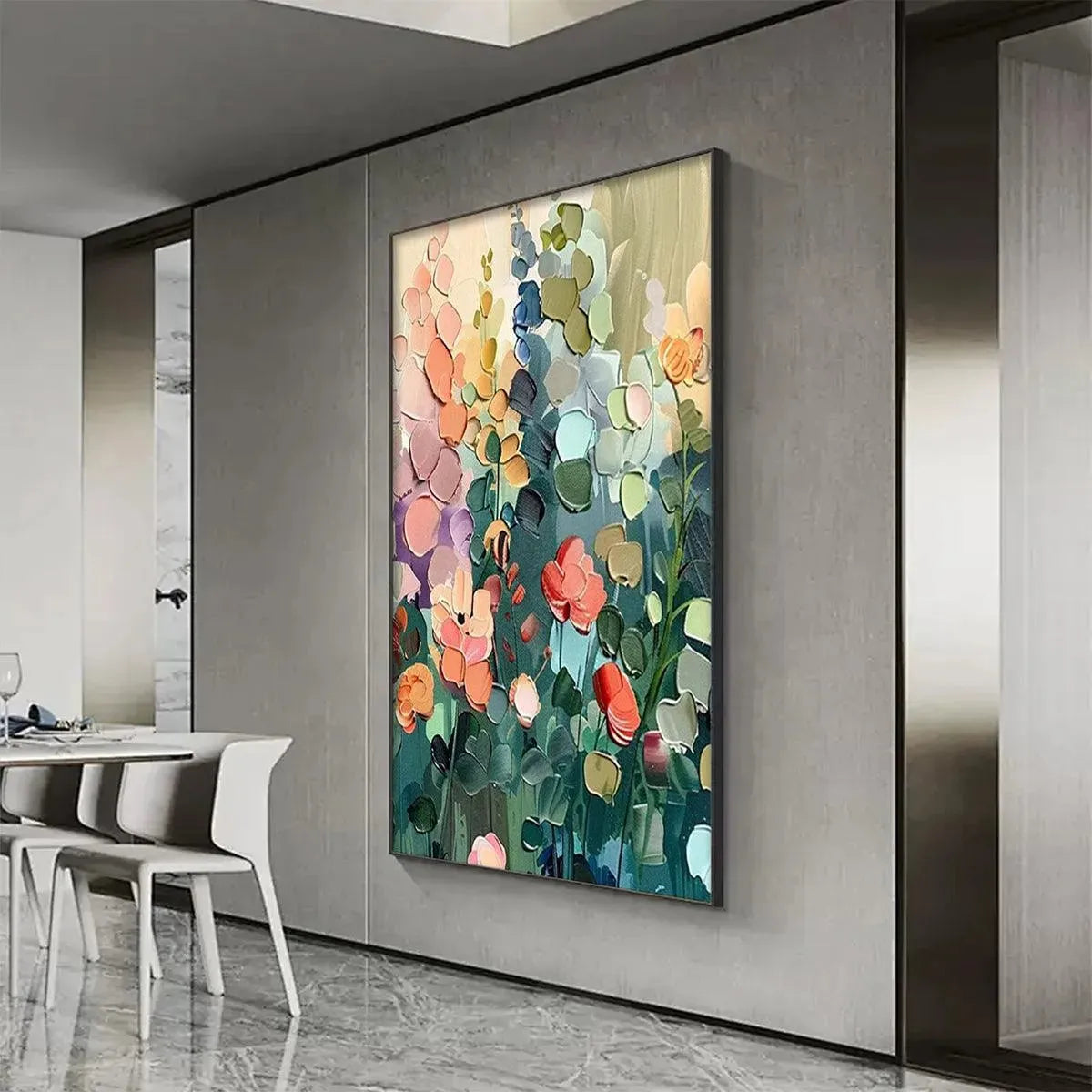 BLOOMING MEADOW: Textured Floral Painting, Colorful Wildflower Wall Art, Vertical Canvas, Impasto Decor