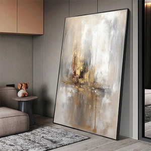 Golden Abstract textured painting by Willow Davies, vertical wall art with gold, grey, and white tones, ready to hang.