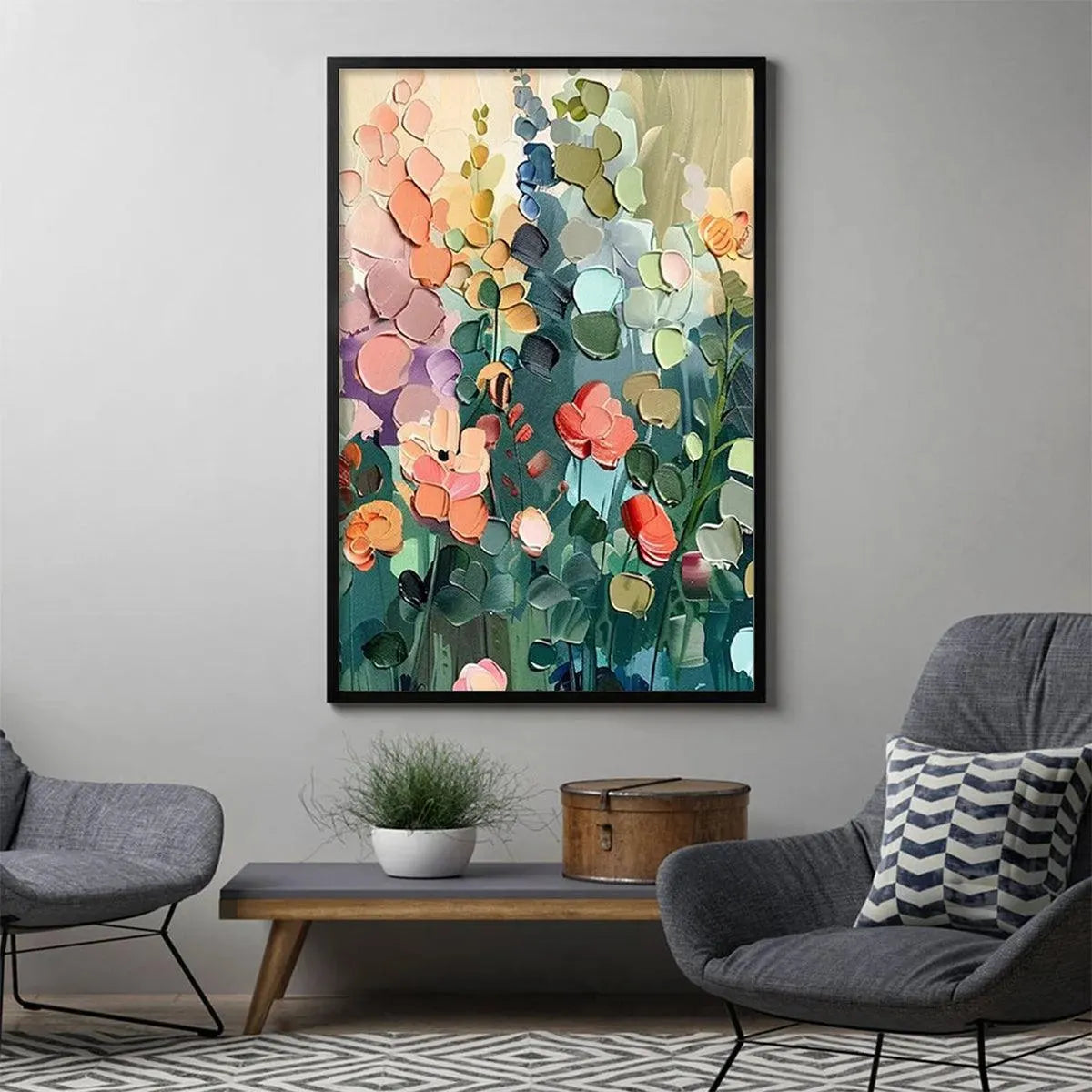 BLOOMING MEADOW: Textured Floral Painting, Colorful Wildflower Wall Art, Vertical Canvas, Impasto Decor