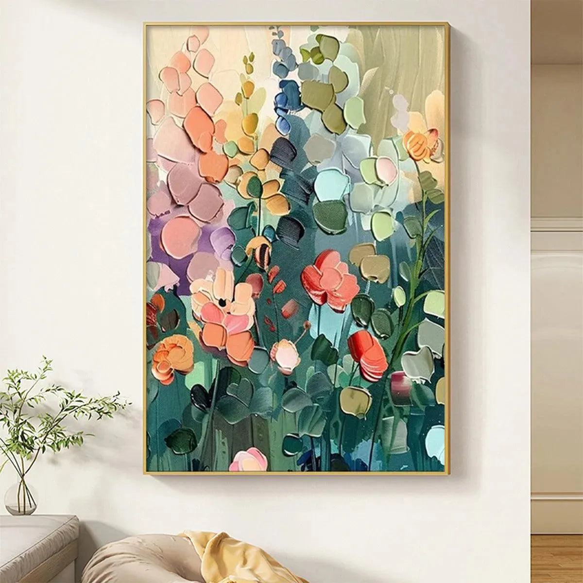 BLOOMING MEADOW: Textured Floral Painting, Colorful Wildflower Wall Art, Vertical Canvas, Impasto Decor
