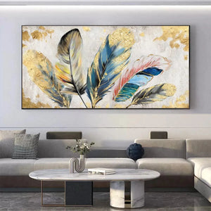 Panoramic painting of six blue and golden feathers with gold leaf accents. Colors include teal, pink, yellow, gray, black.