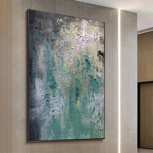 Isabella Rossi Textured Green Abstract impasto painting, vertical wall art with green and black textures