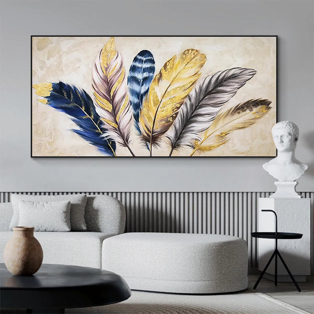 GOLDEN FEATHERS: Elegant Feather Painting, Horizontal Wall Art