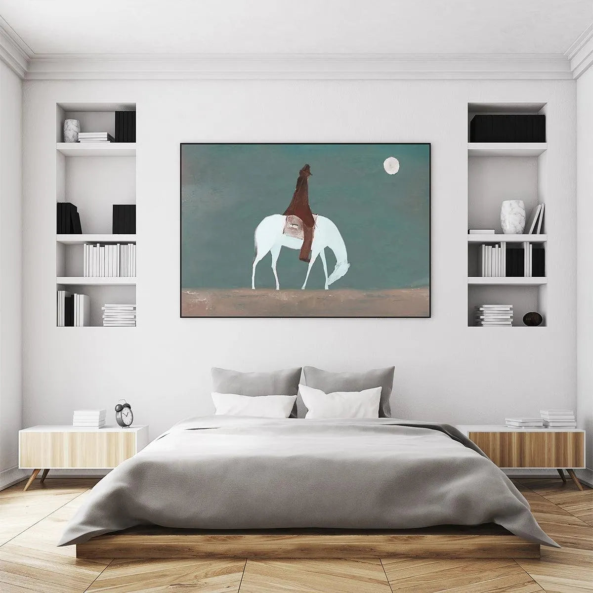 SOLITARY RIDER: Minimalist Horse and Rider Painting, Panoramic Wall Art