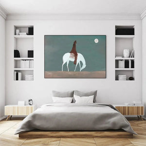 SOLITARY RIDER painting by Liam O'Connell: Minimalist white horse and rider, full moon, panoramic wall art in a black frame.