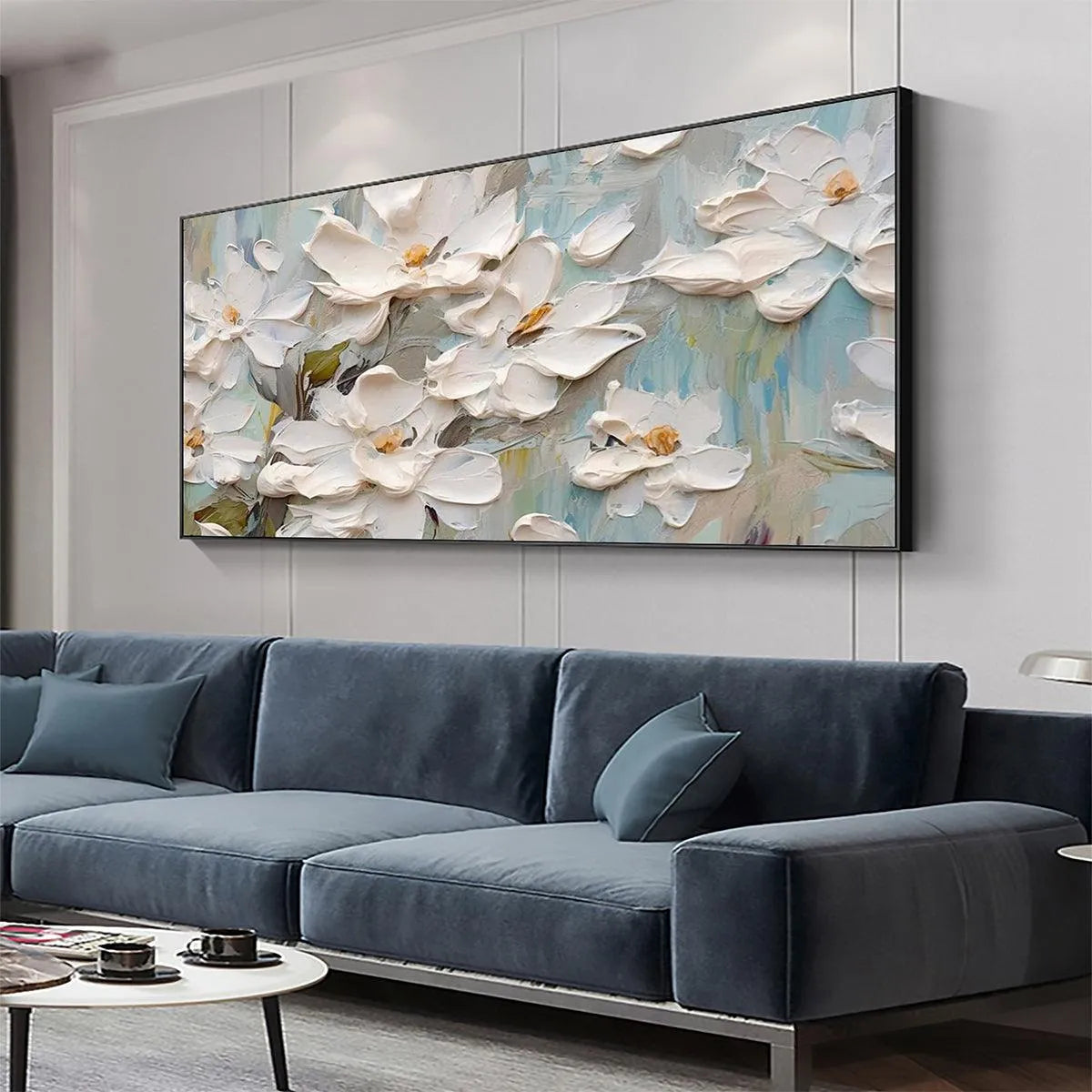 WHITE MAGNOLIA BLOSSOMS: Textured Floral Painting, White Flower Wall Art, Panoramic Canvas, Impressionist Decor