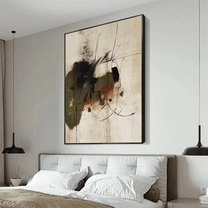 Liam O'Connell's UNTITLED ABSTRACT minimalist art, vertical, earthy tones, black frame, bedroom wall decor.