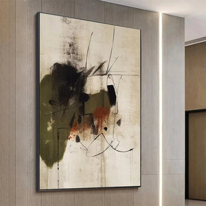 Minimalist abstract painting by Liam O'Connell in earthy tones, vertical wall art for modern decor, framed.