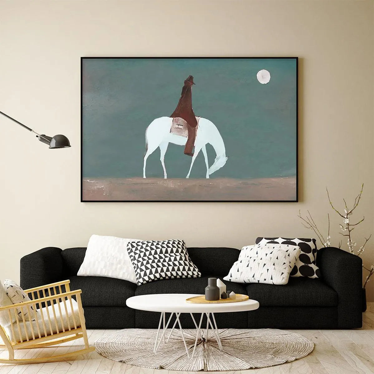 SOLITARY RIDER: Minimalist Horse and Rider Painting, Panoramic Wall Art