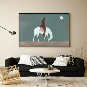 SOLITARY RIDER: Liam O'Connell minimalist painting of horse and rider under the moon, panoramic wall art, black frame.