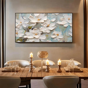 Textured impressionist painting: white magnolia blossoms with impasto strokes, golden centers, soft blue-green background.