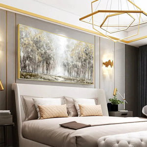 Golden Forest Path panoramic painting by Liam O'Connell, gold and grey forest landscape, bedroom wall art, interior decor.