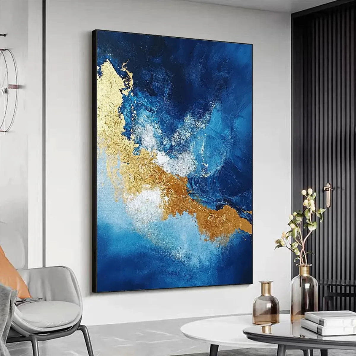 GOLDEN TIDE: Vertical Abstract Painting, Blue, Gold