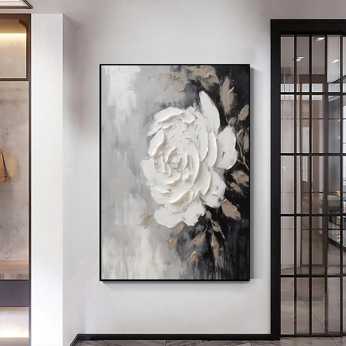 TEXTURED WHITE ROSE: 3D Floral Impasto Painting, Square Wall Art