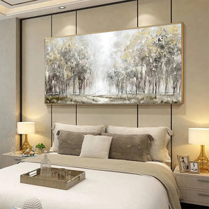 Liam O'Connell 'Golden Forest Path' panoramic wall art, gold and grey forest painting above bed, interior decor.