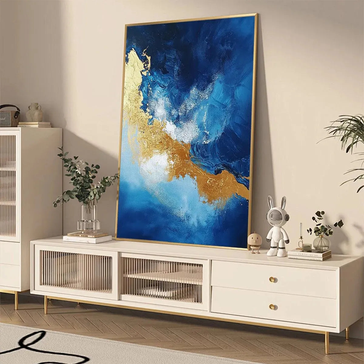 GOLDEN TIDE: Vertical Abstract Painting, Blue, Gold