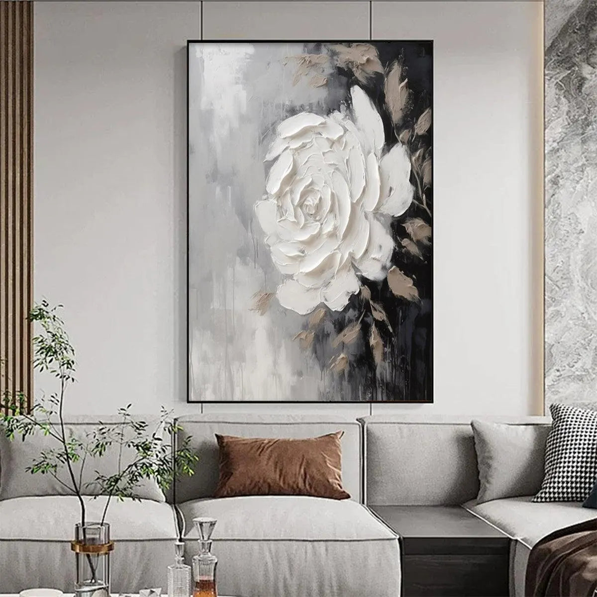 TEXTURED WHITE ROSE: 3D Floral Impasto Painting, Square Wall Art