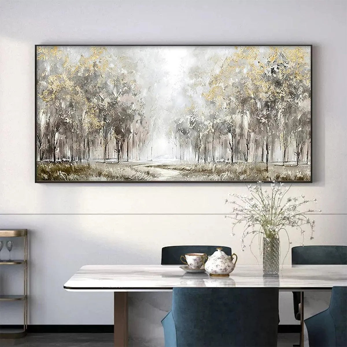 GOLDEN FOREST PATH: Textured Forest Landscape Painting, Panoramic Wall Art