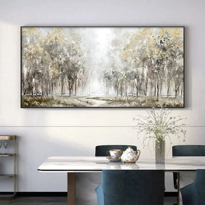 Liam O'Connell 'Golden Forest Path' panoramic forest landscape painting, gold and grey wall art, dining room decor.