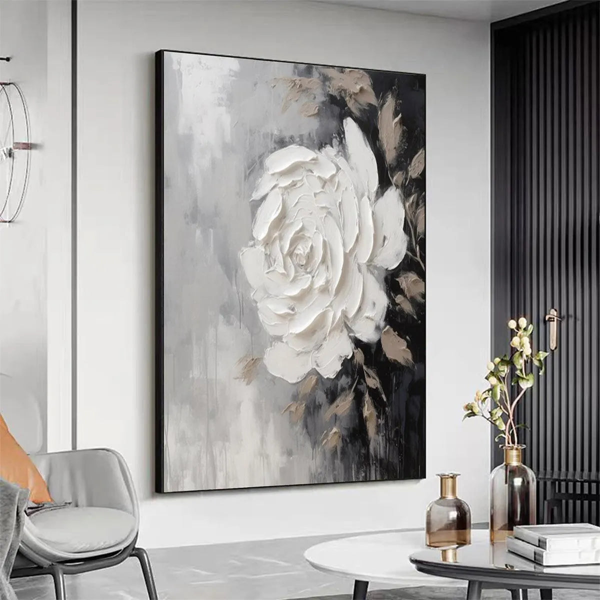 TEXTURED WHITE ROSE: 3D Floral Impasto Painting, Square Wall Art