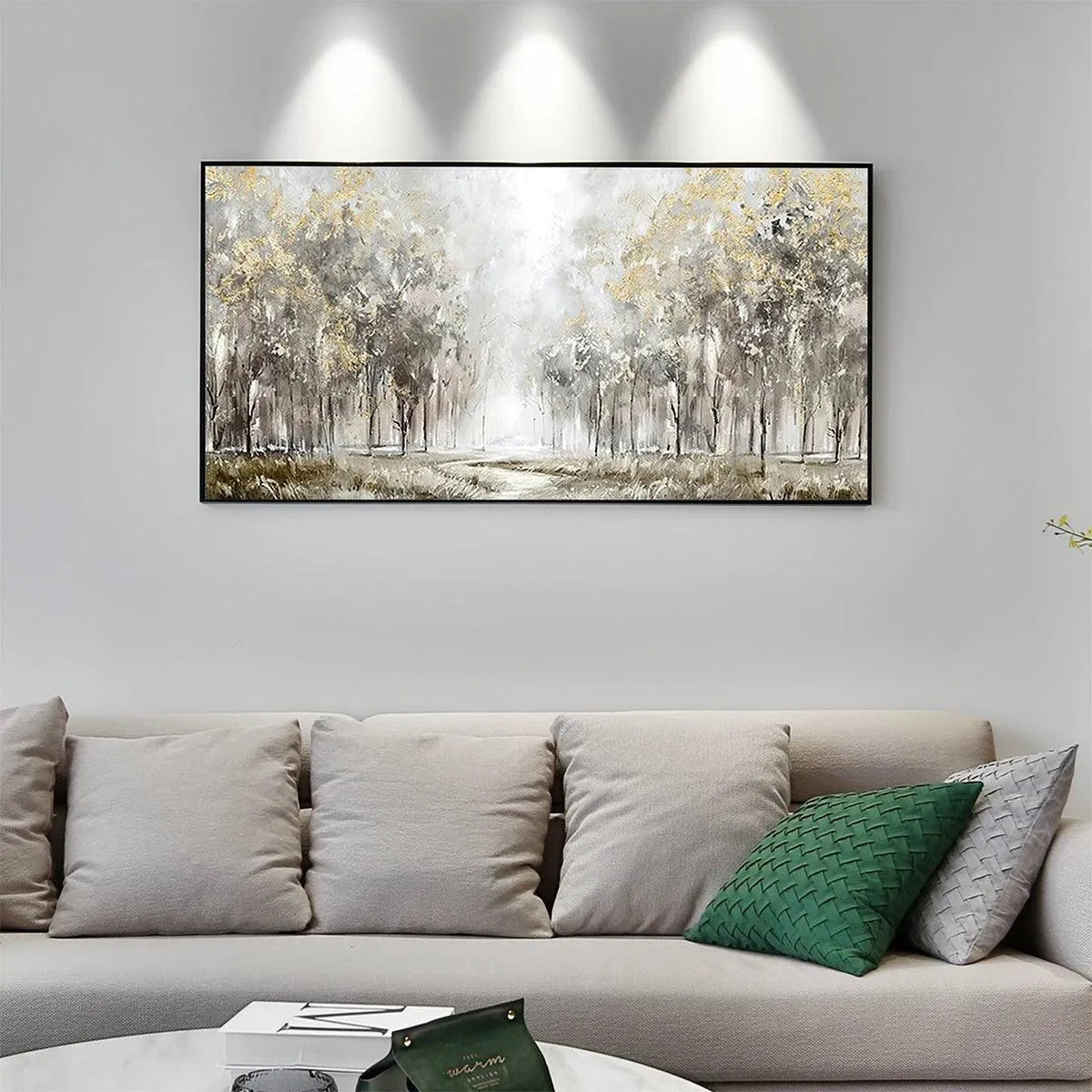 GOLDEN FOREST PATH: Textured Forest Landscape Painting, Panoramic Wall Art