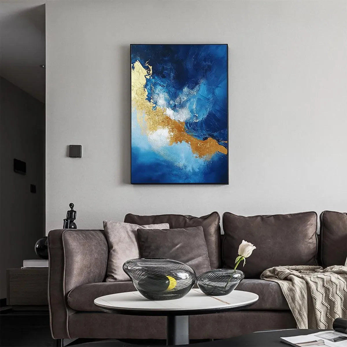 GOLDEN TIDE: Vertical Abstract Painting, Blue, Gold