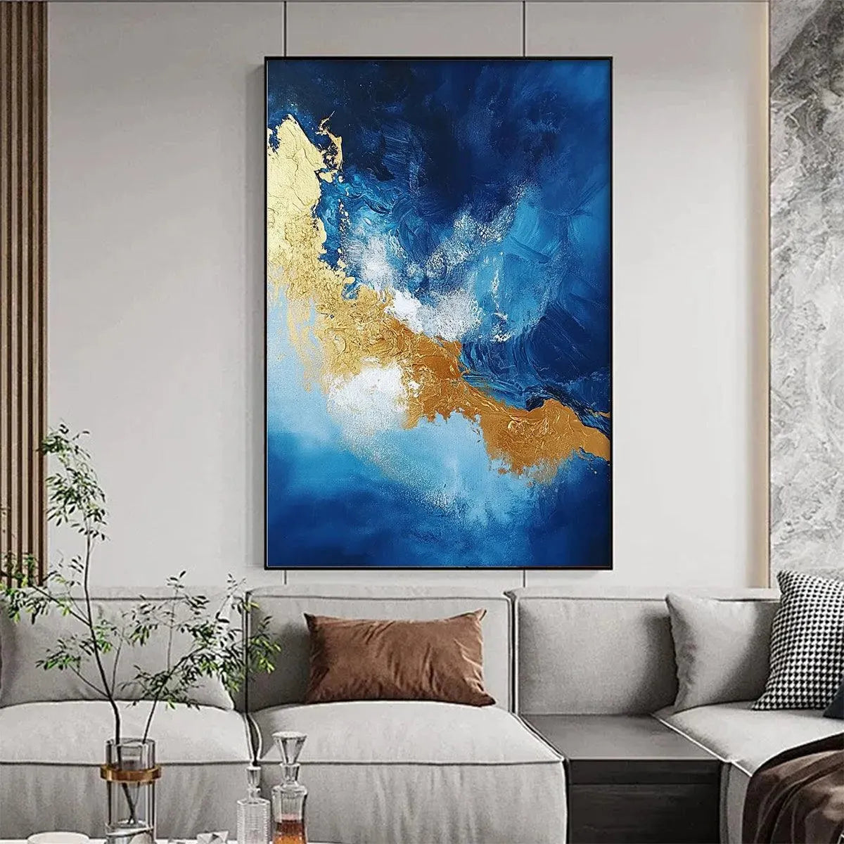 GOLDEN TIDE: Vertical Abstract Painting, Blue, Gold