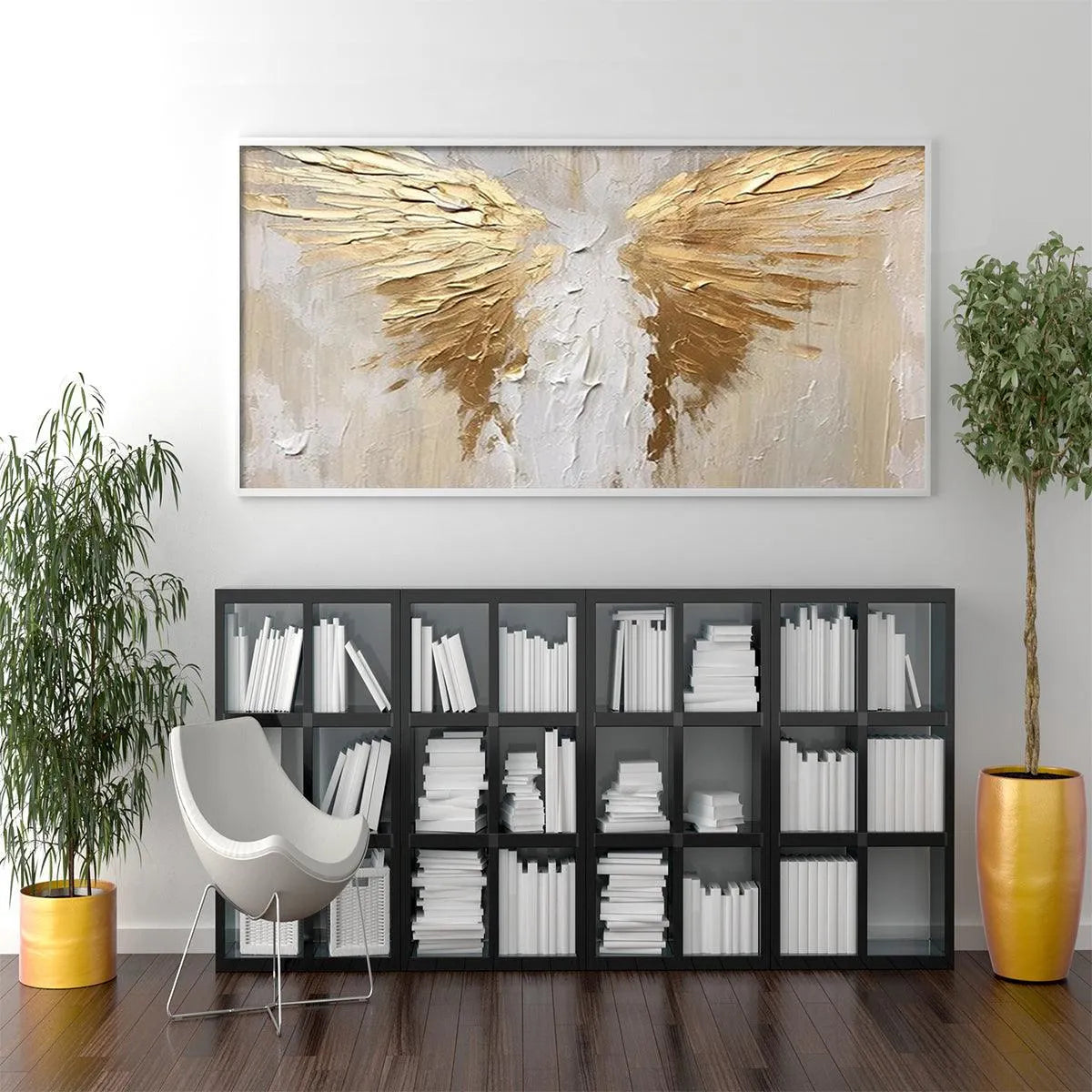 GOLDEN WINGS: Textured Abstract Painting, Gold and Beige Wall Art, Panoramic Canvas, Modern Decor