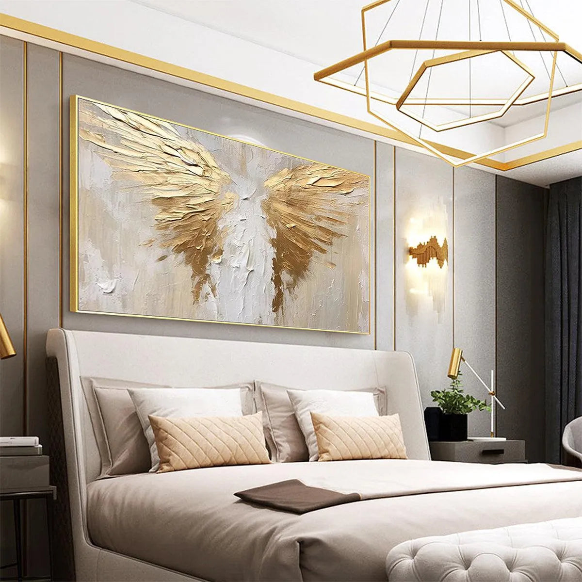 GOLDEN WINGS: Textured Abstract Painting, Gold and Beige Wall Art, Panoramic Canvas, Modern Decor