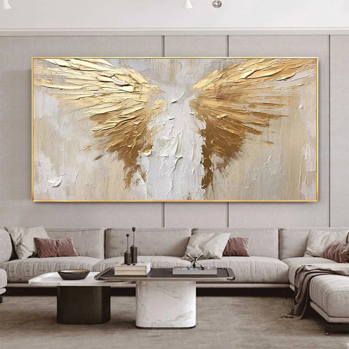 GOLDEN WINGS: Textured Abstract Painting, Gold and Beige Wall Art, Panoramic Canvas, Modern Decor