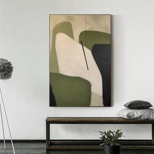 Minimalist Green Abstract vertical painting, organic shapes in olive green and cream, displayed in a modern room setting.