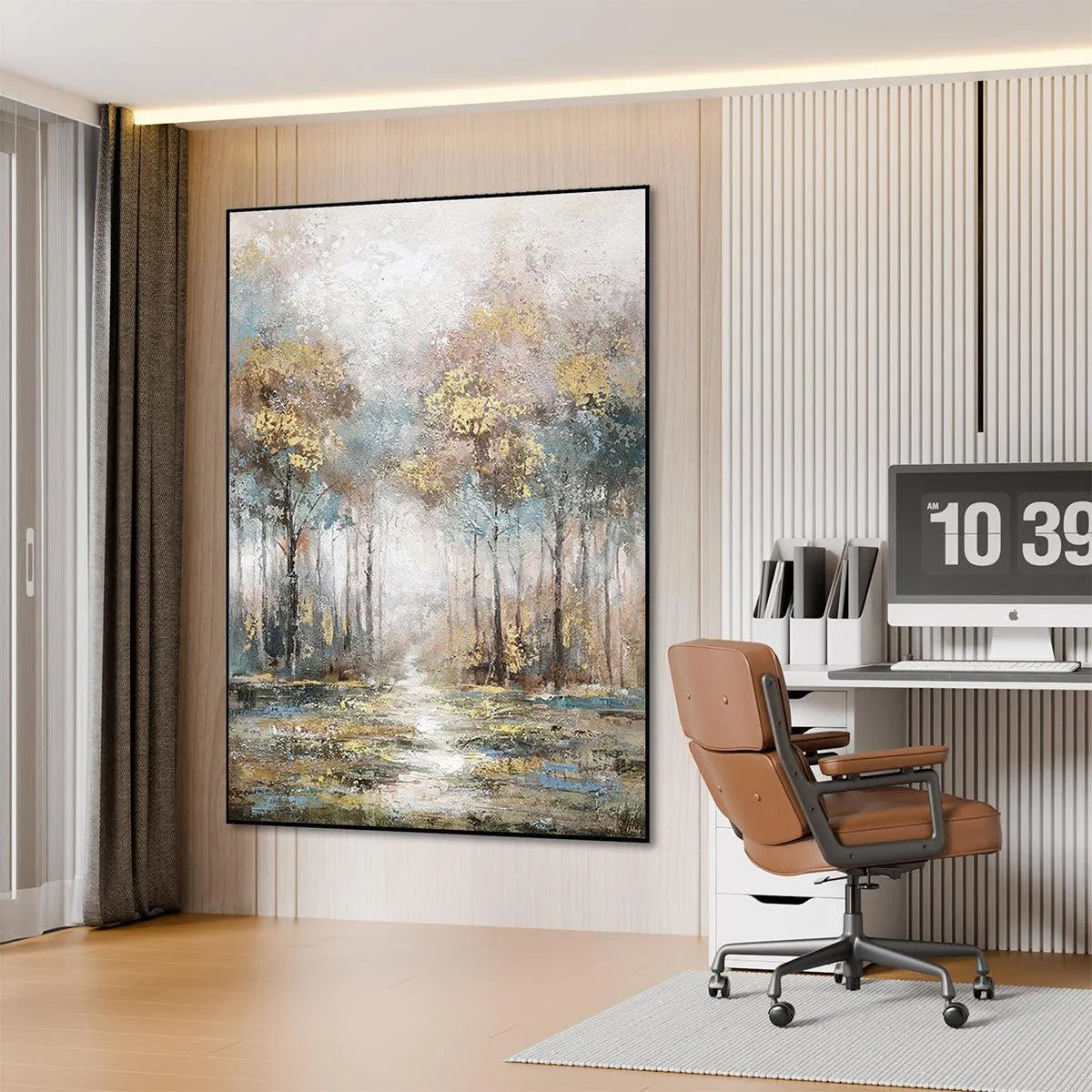 GOLDEN FOREST PATH: Textured Forest Landscape Painting, Vertical Wall Art