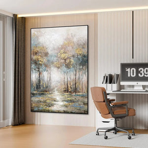 Golden Forest Path painting by Liam O'Connell, vertical wall art with gold, blue, and grey tones in a modern office.