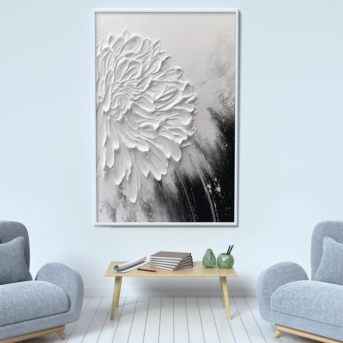 WHITE TEXTURED BLOOM: 3D Floral Impasto Painting, Vertical Wall Art