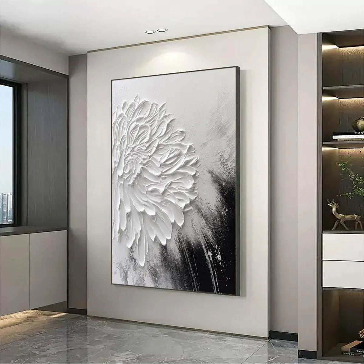 WHITE TEXTURED BLOOM: 3D Floral Impasto Painting, Vertical Wall Art