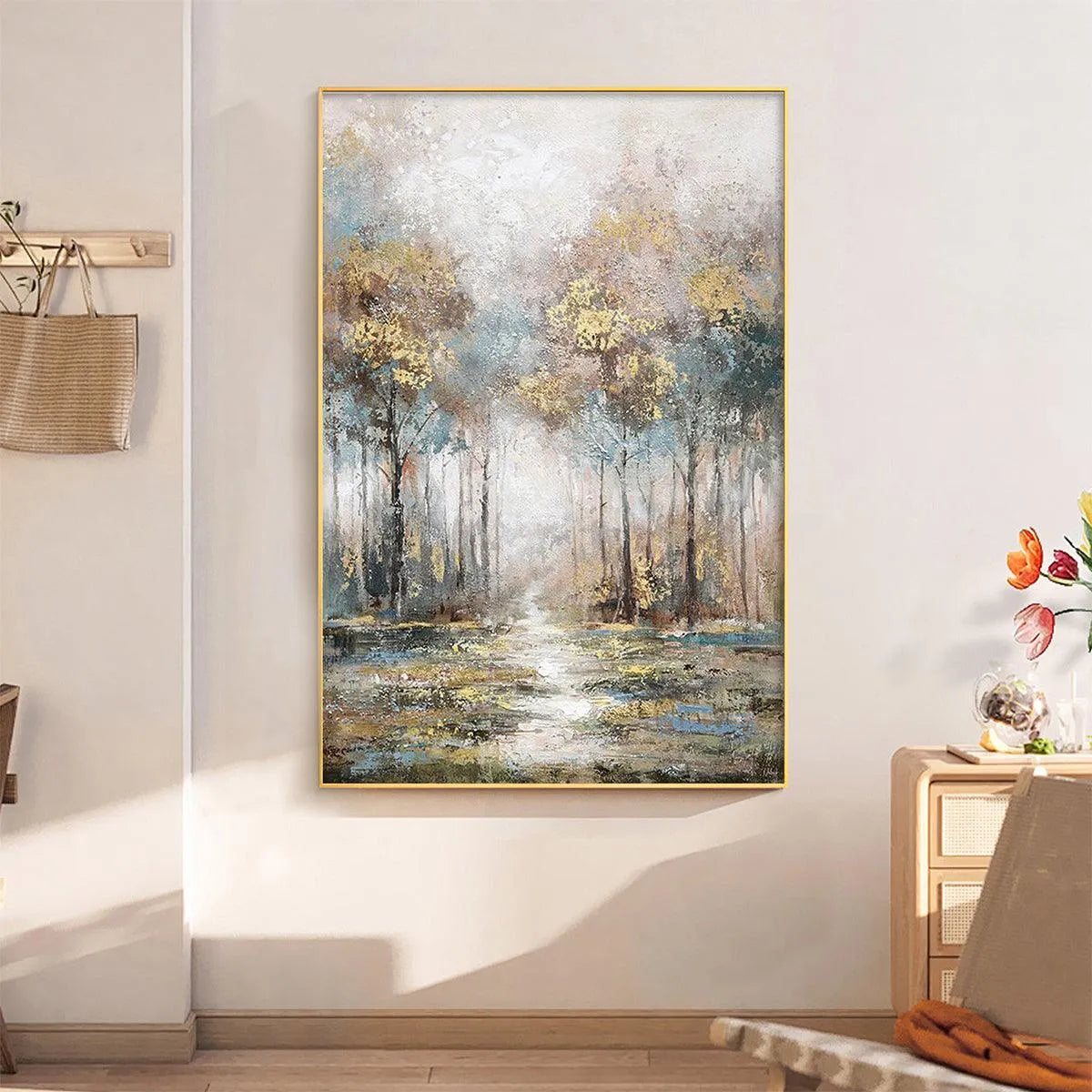 GOLDEN FOREST PATH: Textured Forest Landscape Painting, Vertical Wall Art