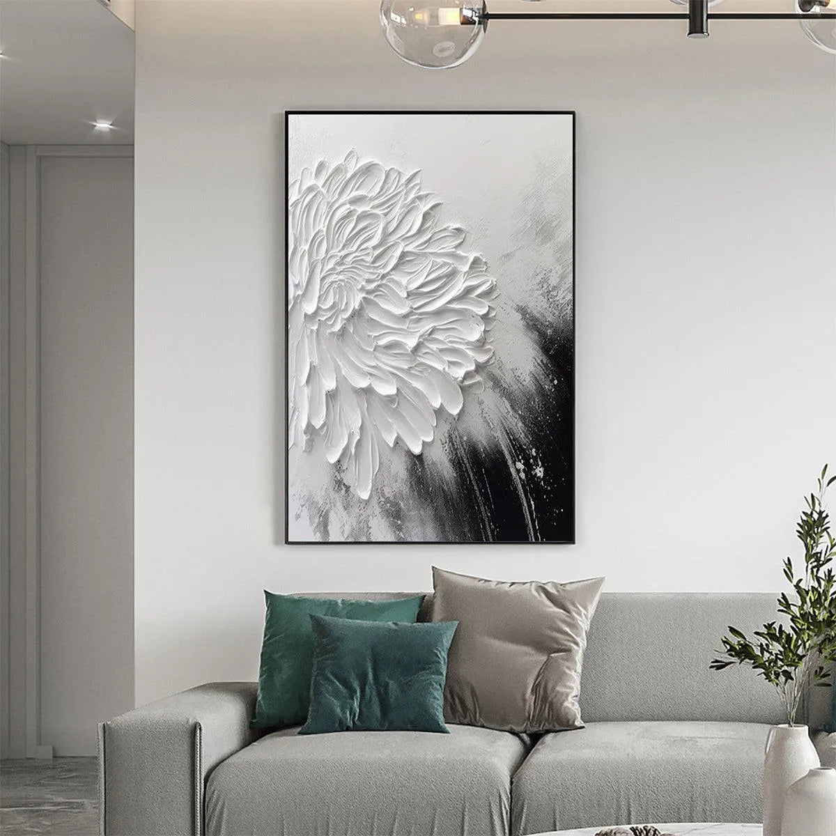 WHITE TEXTURED BLOOM: 3D Floral Impasto Painting, Vertical Wall Art