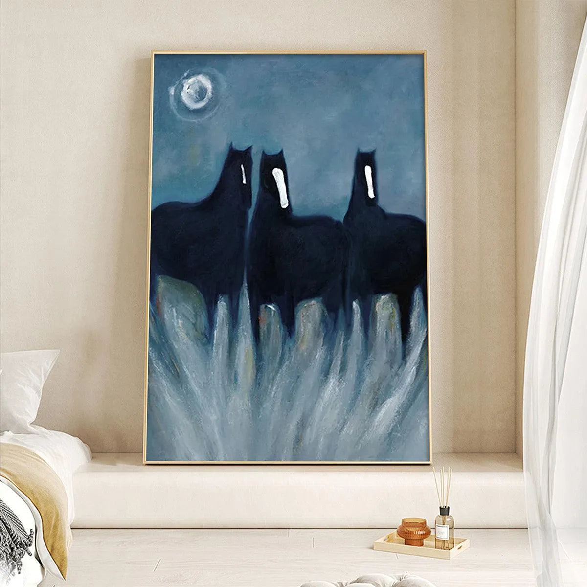 THREE HORSES AT NIGHT: Minimalist Horse Painting, Vertical Wall Art