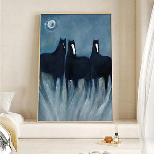 Javier Ramirez minimalist horse painting, three black horses in blue night, gold frame, vertical wall art.